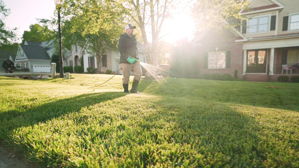 Barefoot team watering customer's lawn